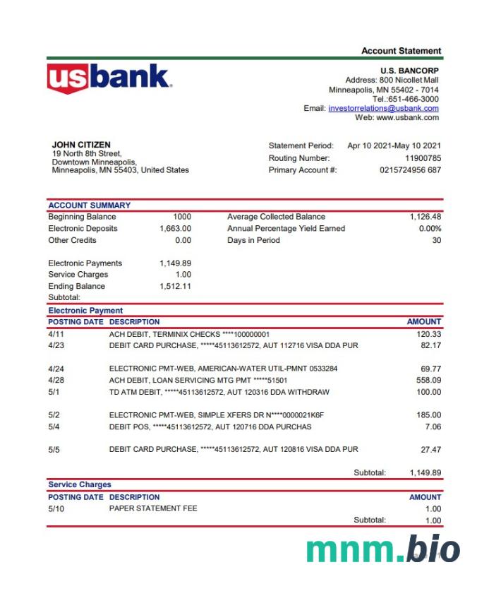 USA Bancorp wyciąg bankowy szablon Worda i PDF